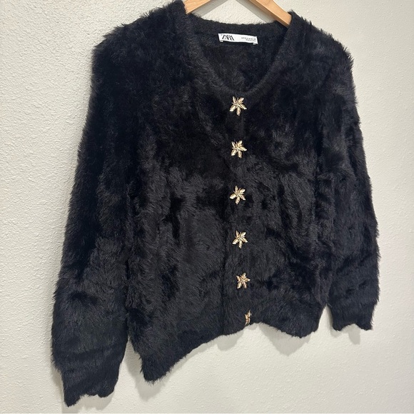 Zara Faux Fur Cardigan Sweater with Gold Star Buttons - Picture 4 of 9